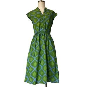 Global Mamas Shirt Dress Medium Funky Geometric Green Retro Natural Cotton Midi